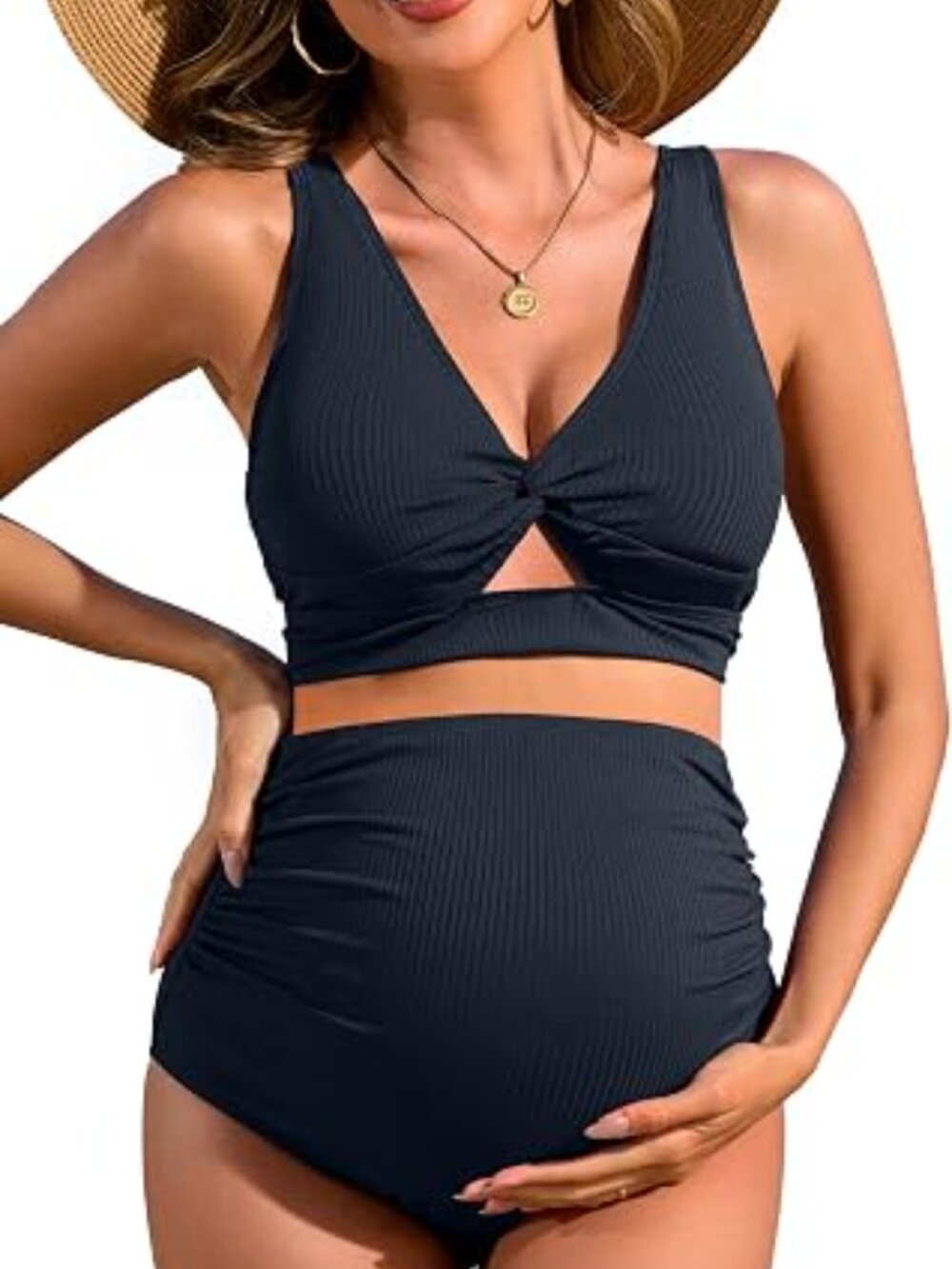 Charmo Maternity Bathing Suit High Waist Bikini Sets Full Coverage Ribbed S